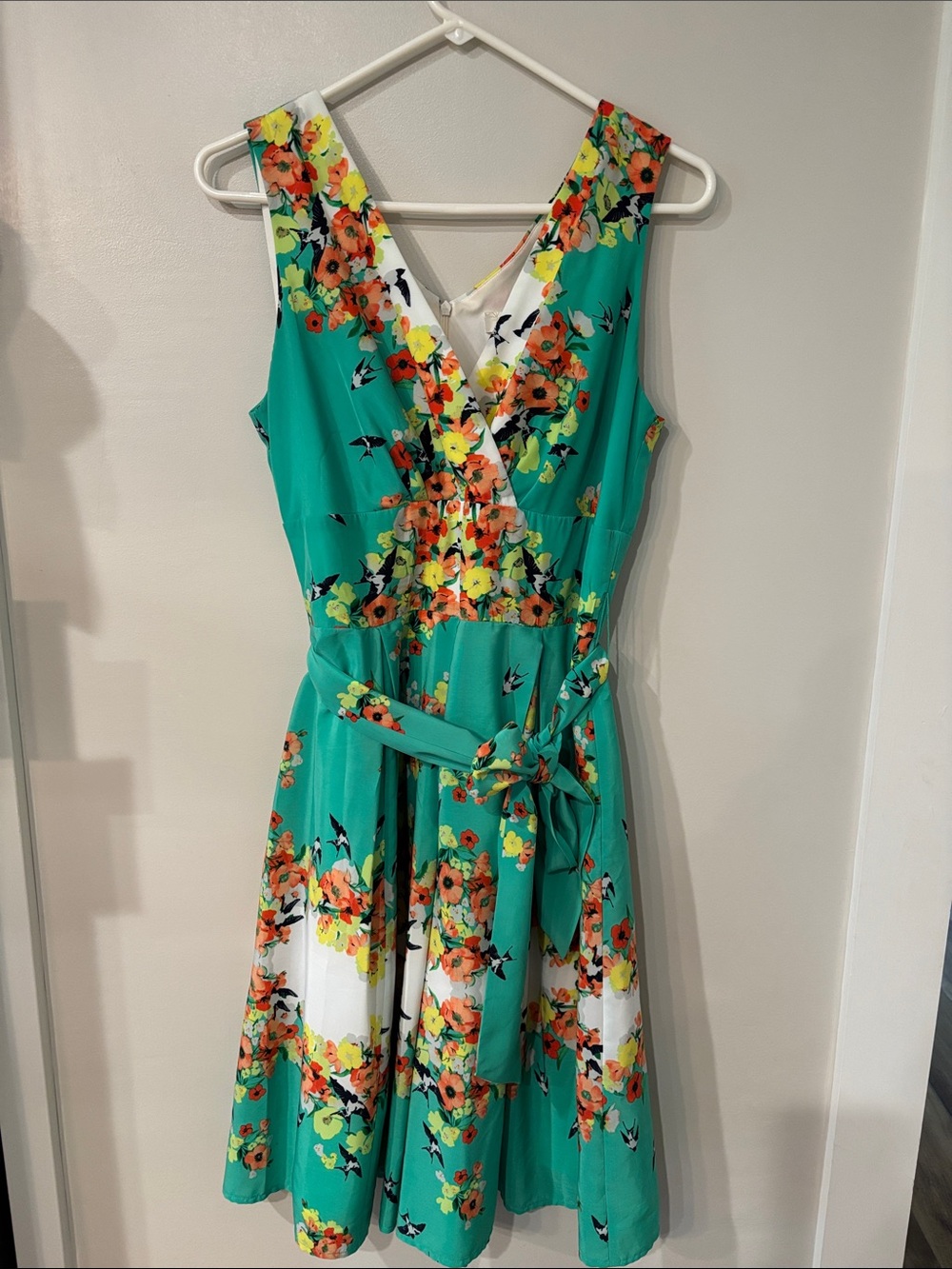 Teal Floral Sleeveless V-Neck Wrap Dress